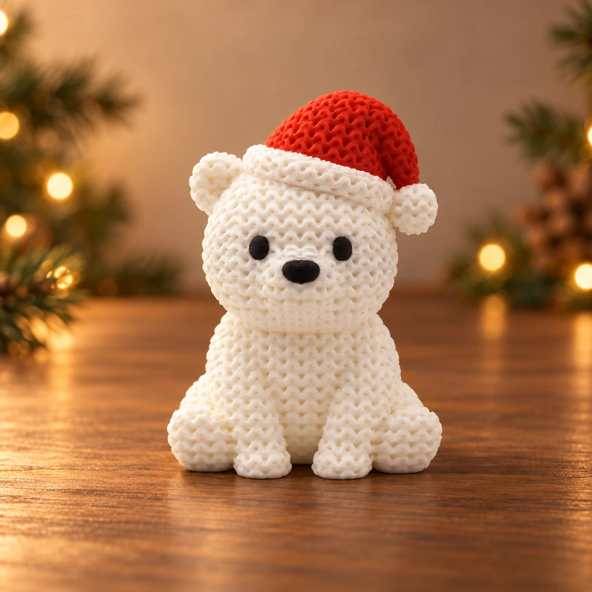 Gebreide ijsbeer met kerstmuts als 3D-geprinte kerstdecoratie
