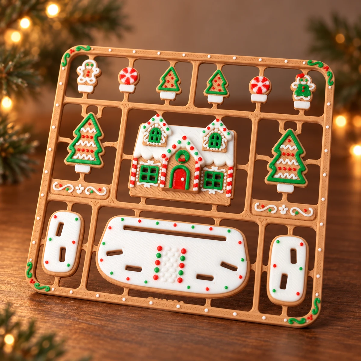 Mini peperkoekhuis bouwkaart als 3D-geprinte kerstdecoratie